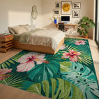 Vibrant Pink Hibiscus Tropical Leaves Rug - Bedroom View