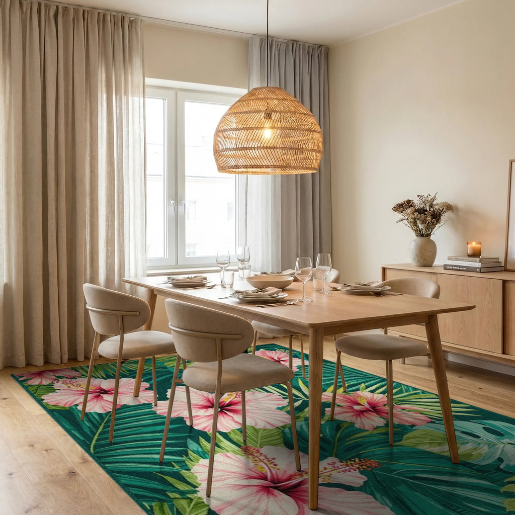 Vibrant Pink Hibiscus Tropical Leaves Rug - Dining Room View