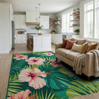 Vibrant Pink Hibiscus Tropical Leaves Rug - Living Room View