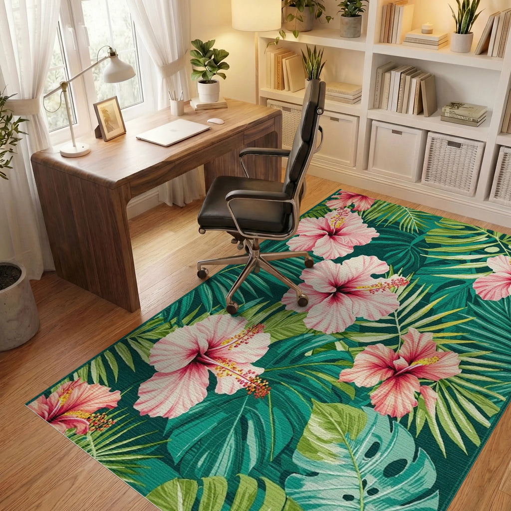 Vibrant Pink Hibiscus Tropical Leaves Rug - Office View