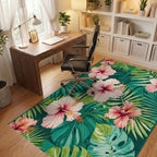 Vibrant Pink Hibiscus Tropical Leaves Rug - Office View