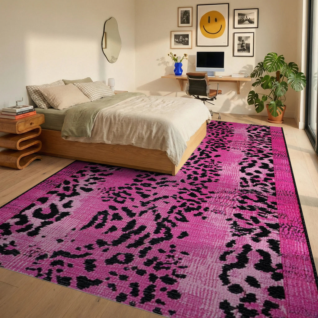 Vibrant Pink Leopard Spots Rug - Bedroom View