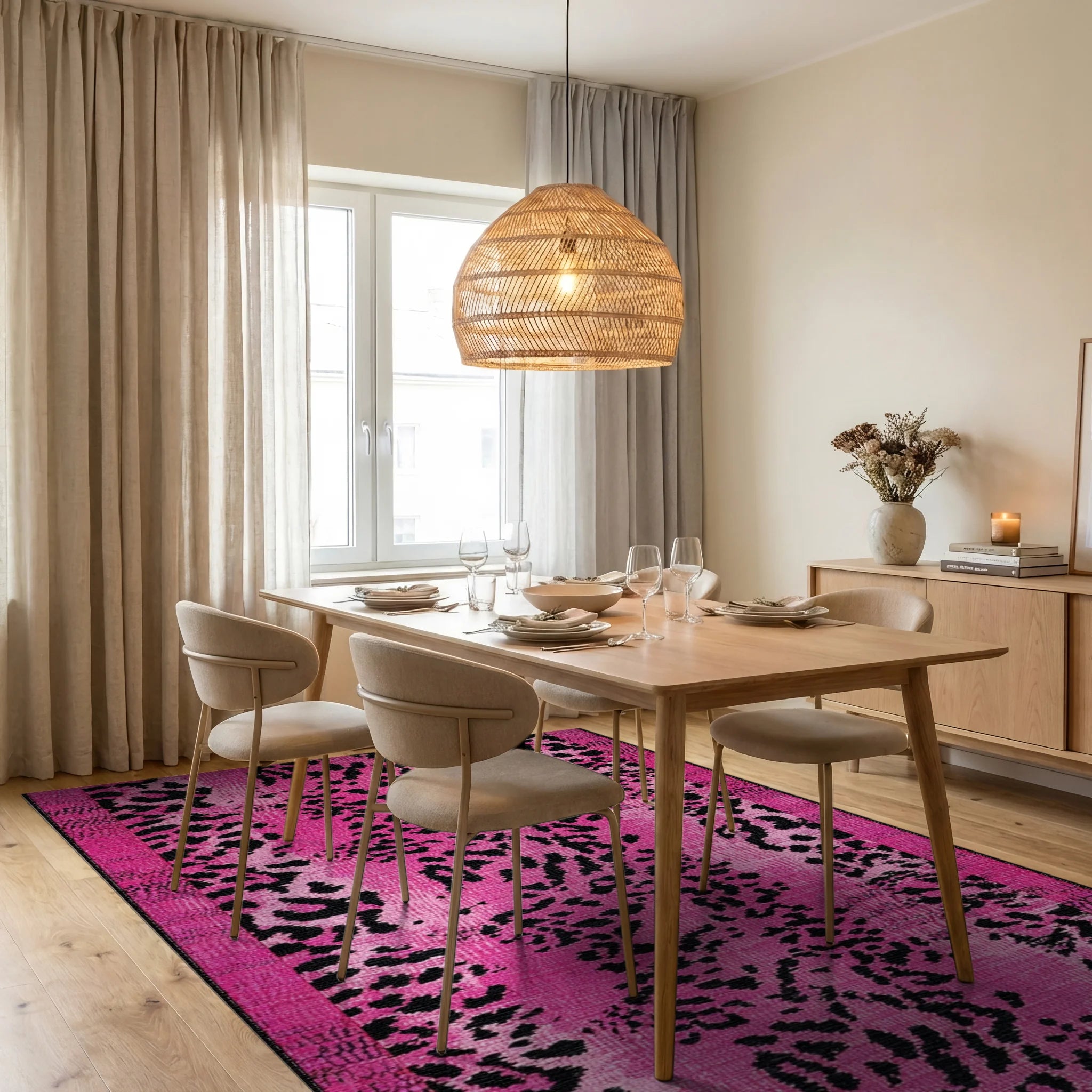Vibrant Pink Leopard Spots Rug - Dining Room View