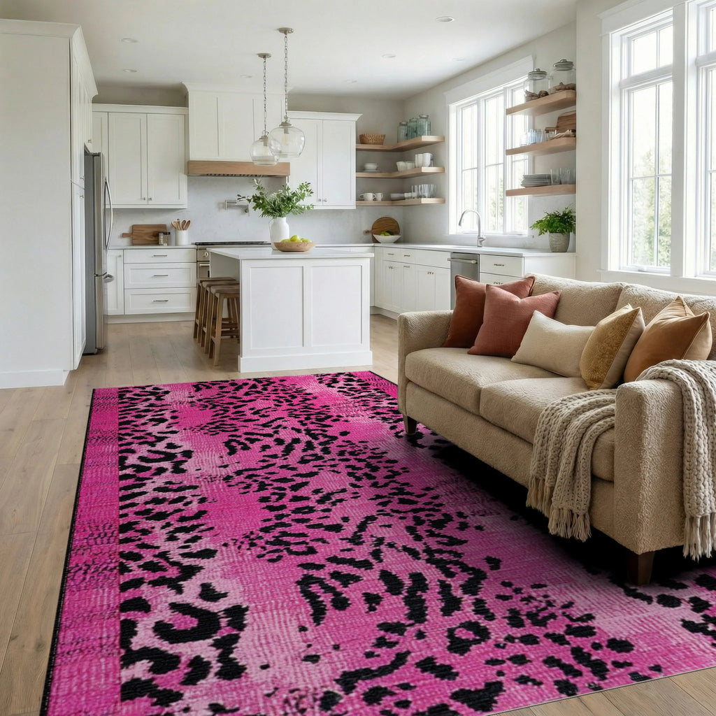 Vibrant Pink Leopard Spots Rug - Living Room View