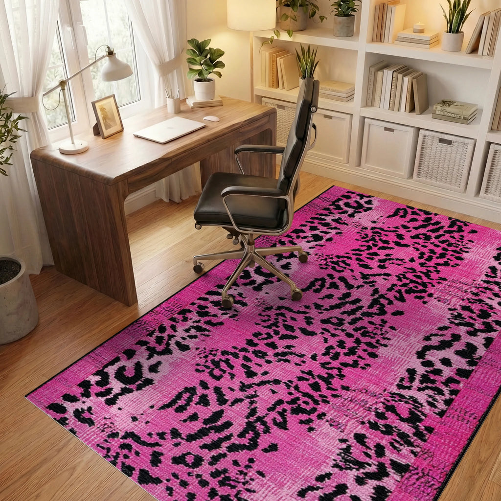 Vibrant Pink Leopard Spots Rug - Office View