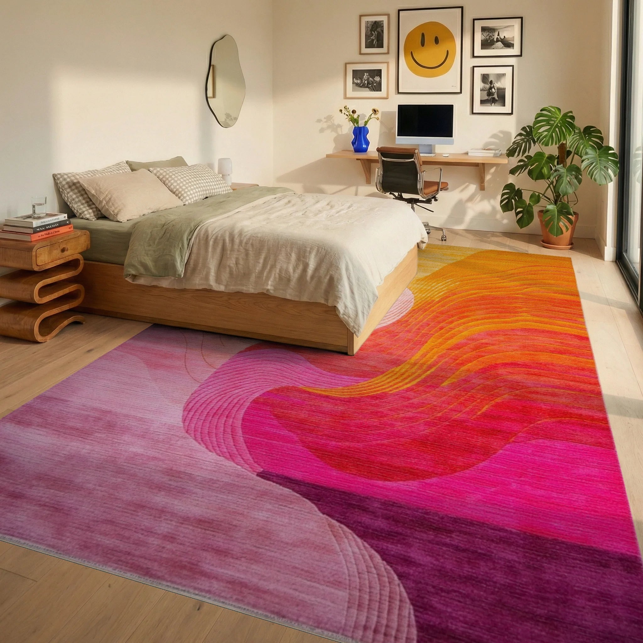 Vibrant Pink Orange Abstract Wave Rug - Bedroom View