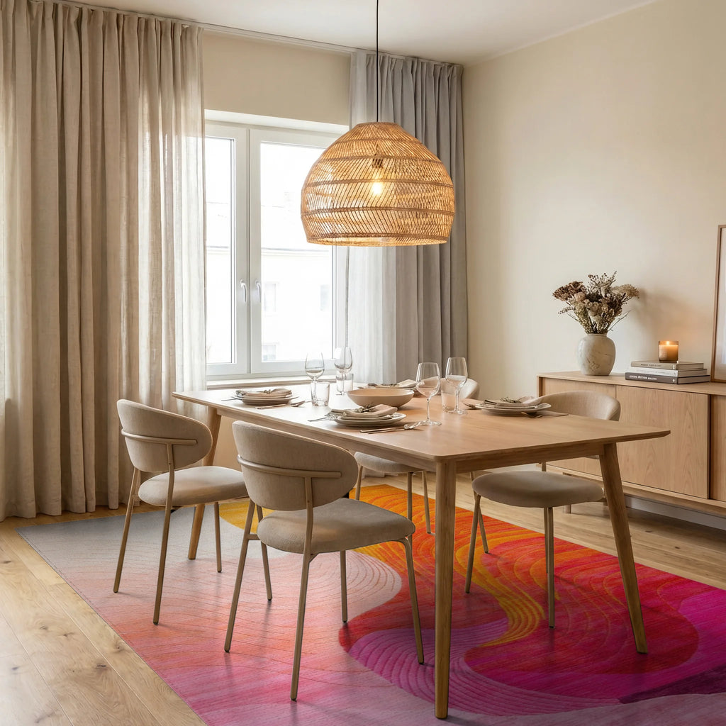Vibrant Pink Orange Abstract Wave Rug - Dining Room View