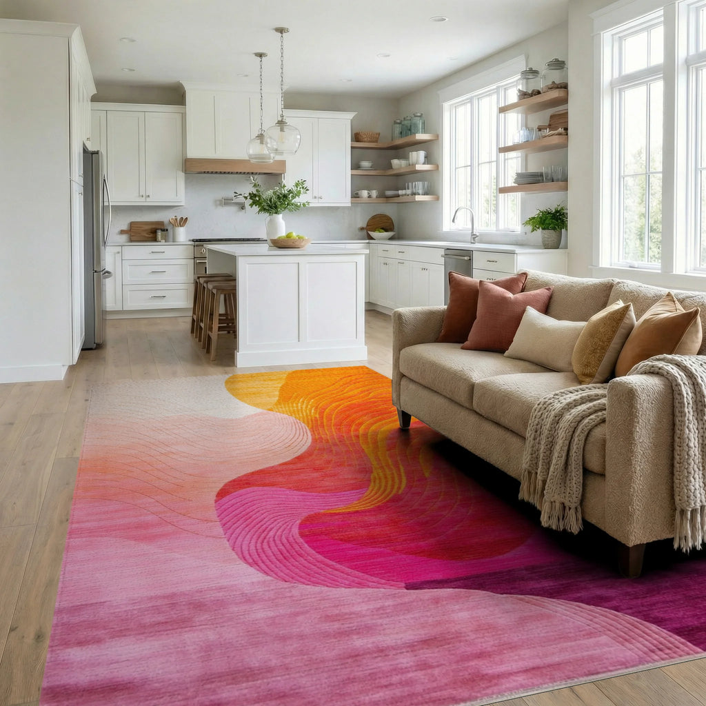 Vibrant Pink Orange Abstract Wave Rug - Living Room View