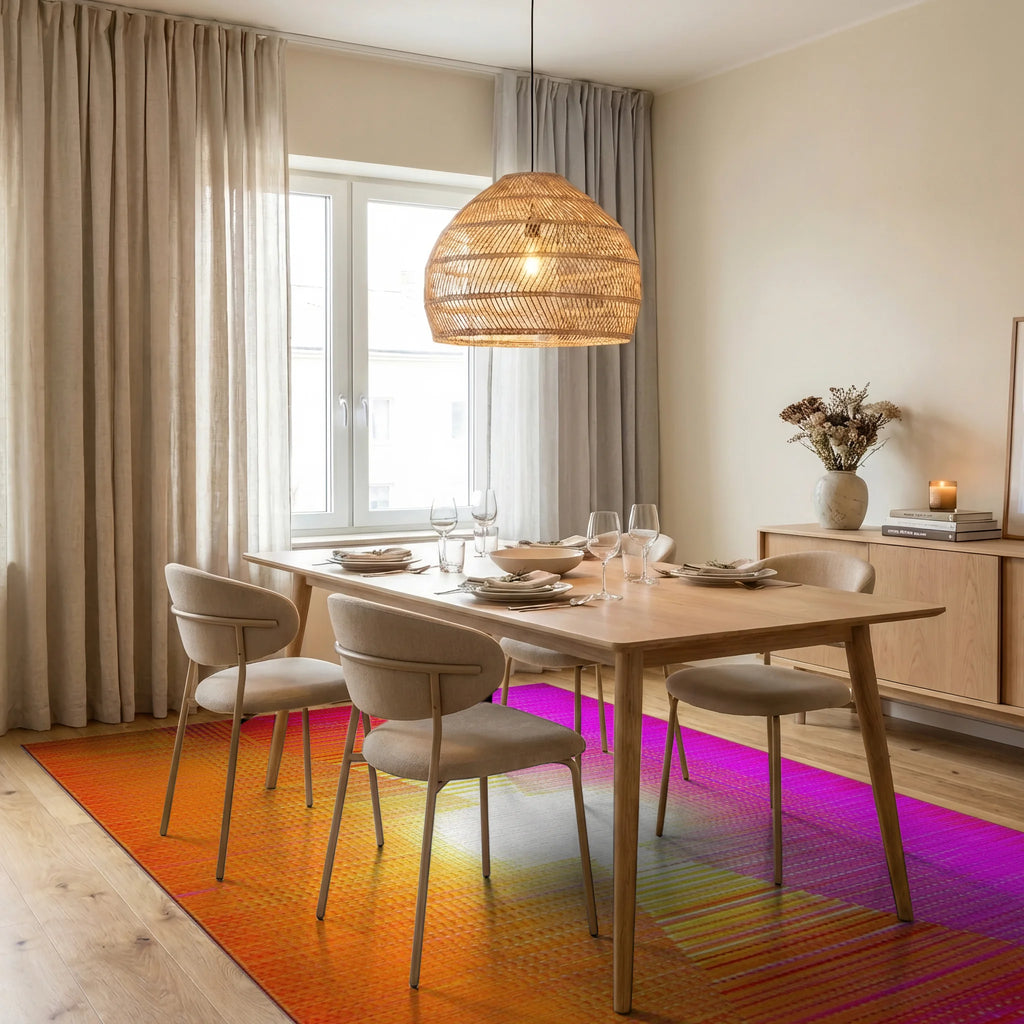 Vibrant Pink Orange Gradient Staircase Rug - Dining Room View