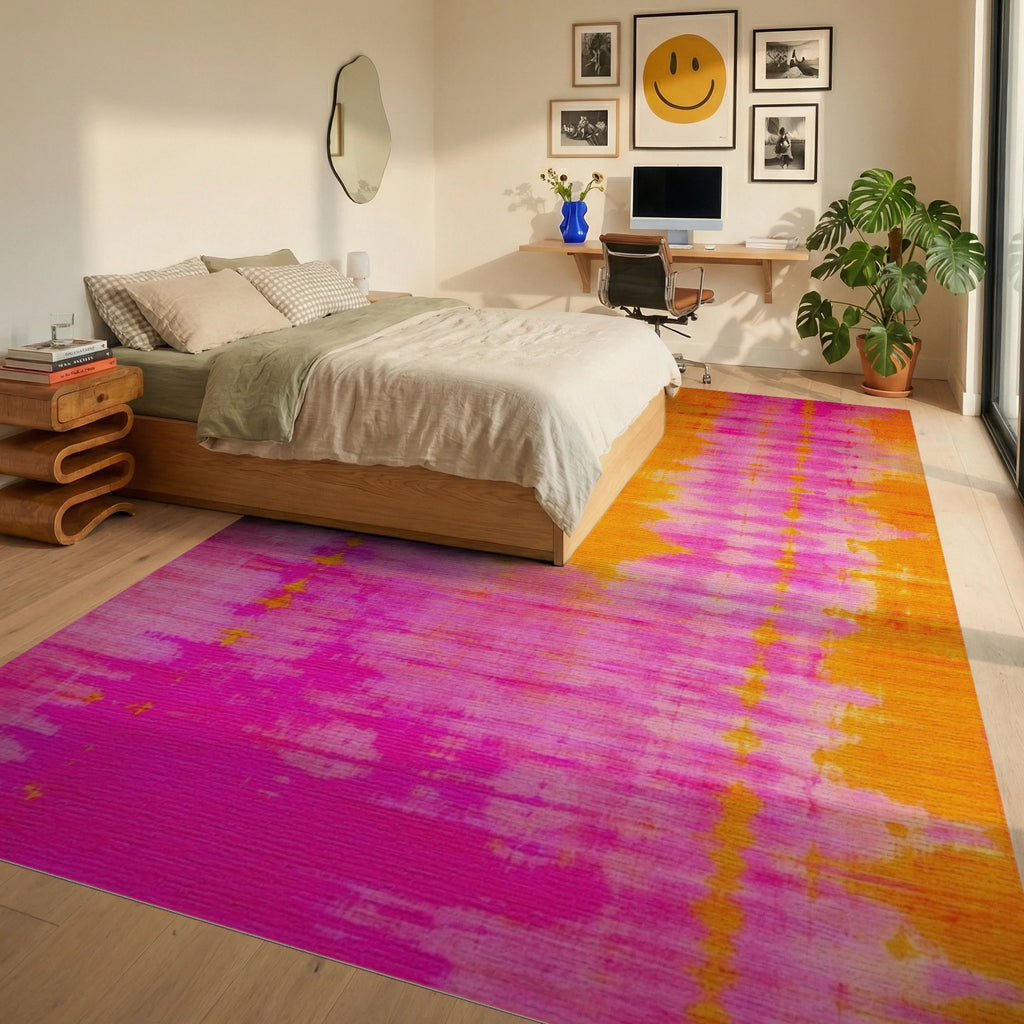 Vibrant Pink Orange Tie Dye Rug - Bedroom View