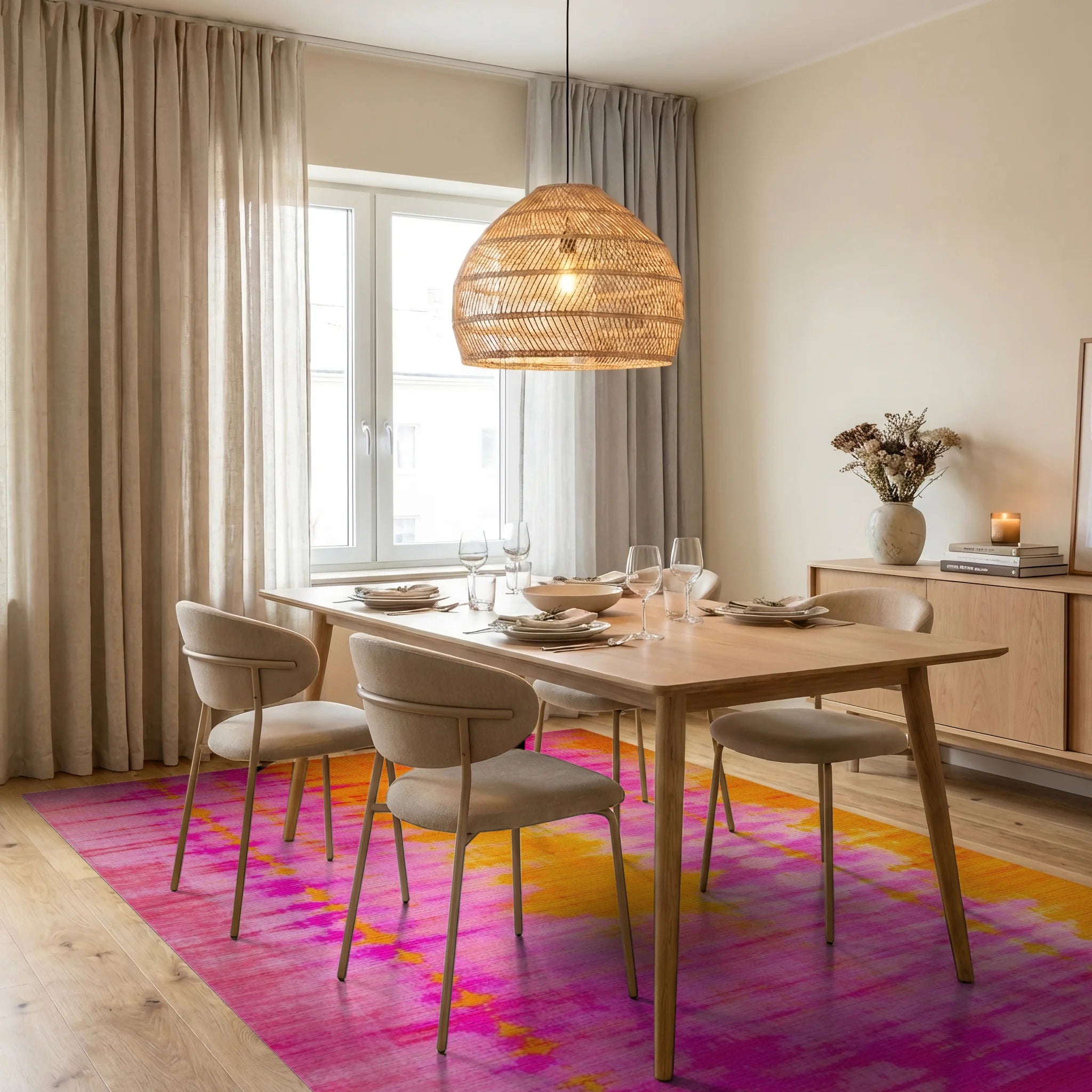 Vibrant Pink Orange Tie Dye Rug - Dining Room View