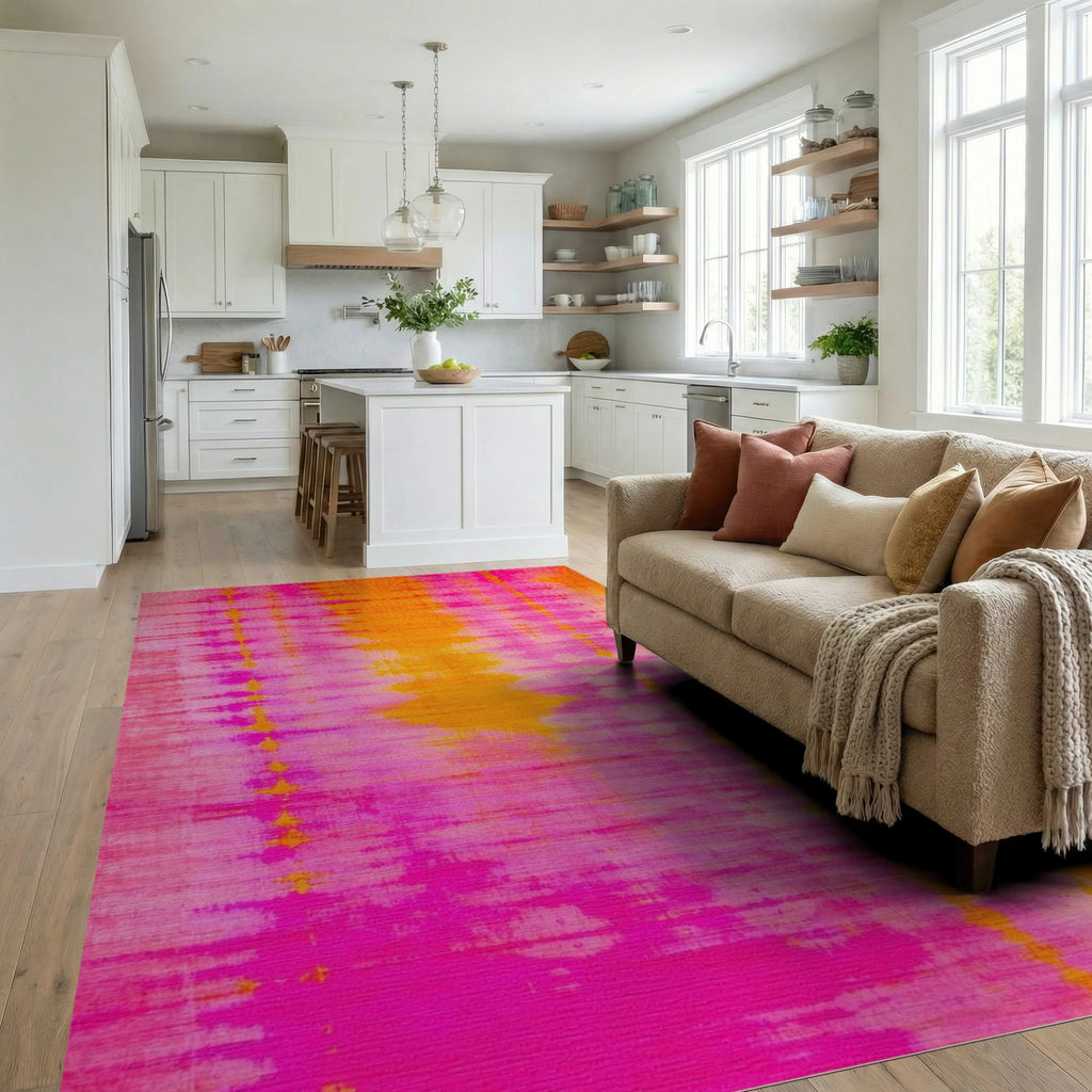 Vibrant Pink Orange Tie Dye Rug - Living Room View