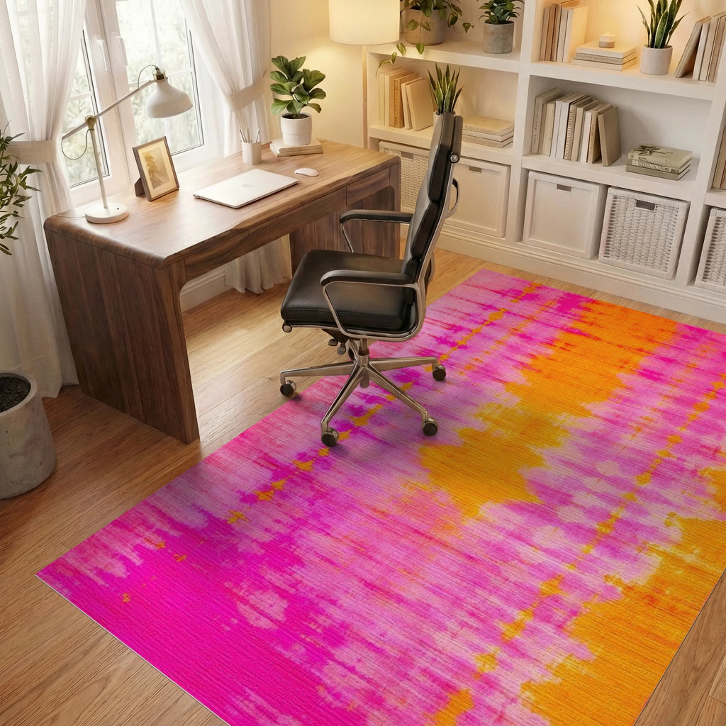 Vibrant Pink Orange Tie Dye Rug - Office View