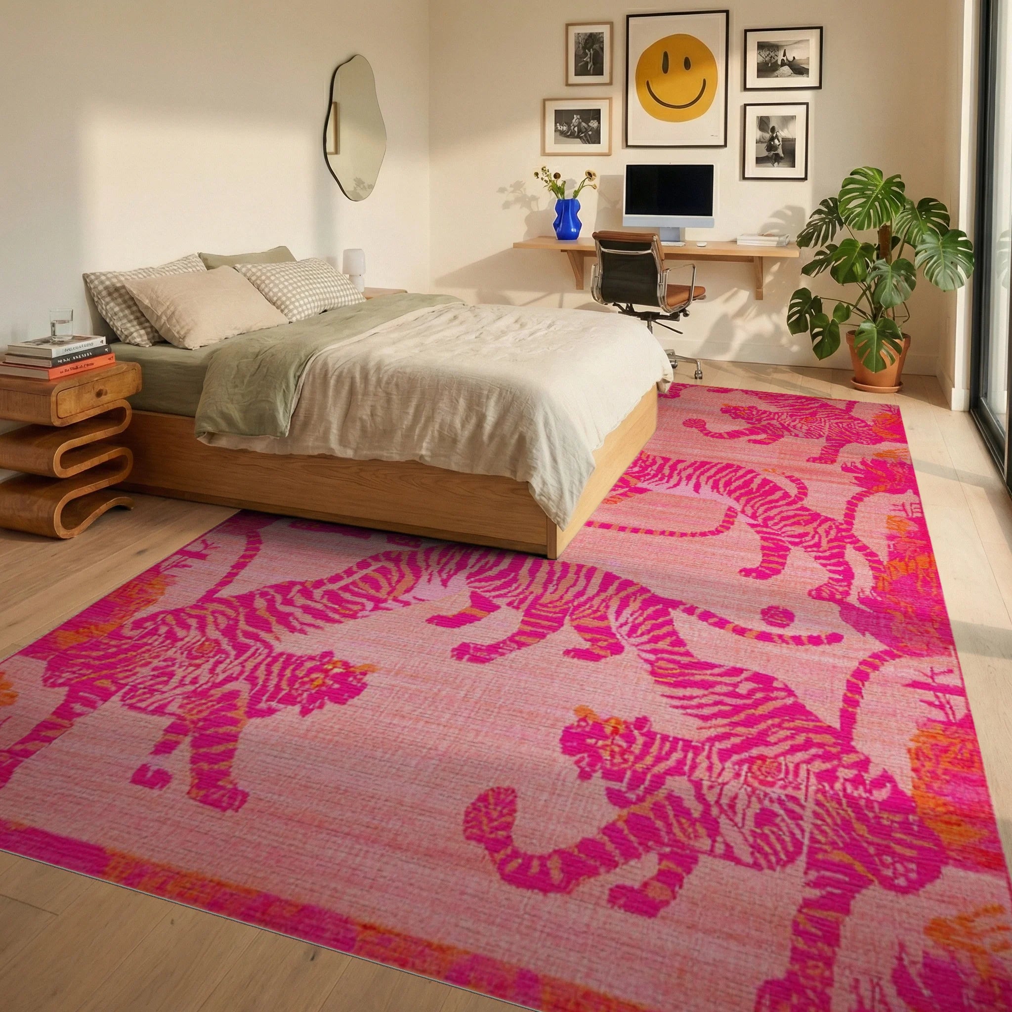 Vibrant Pink Tiger Jungle Scene Rug - Bedroom View