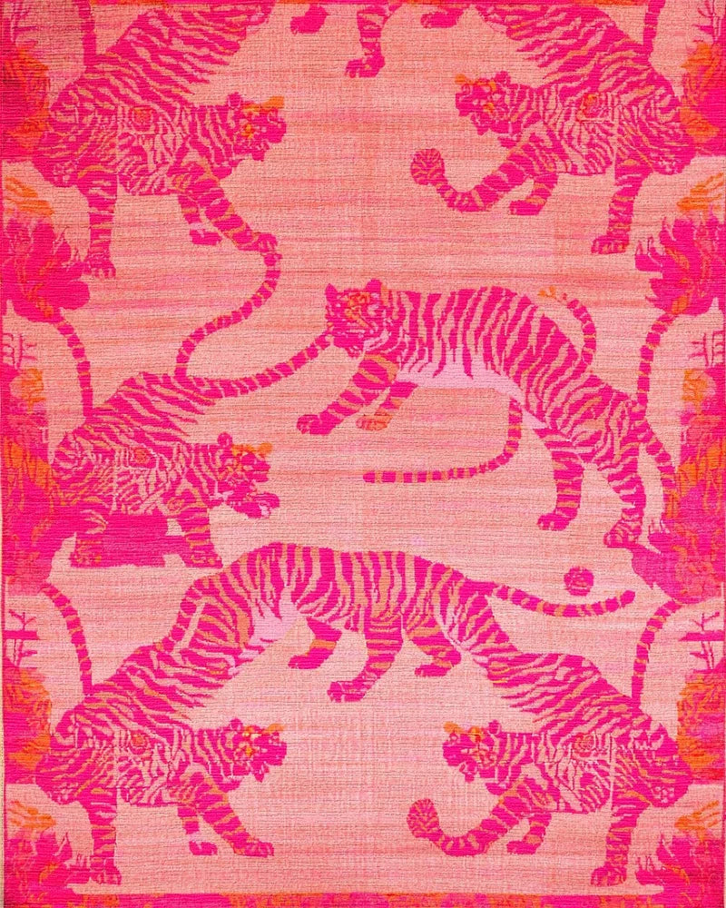 Vibrant Pink Tiger Jungle Scene Rug - Cutout View