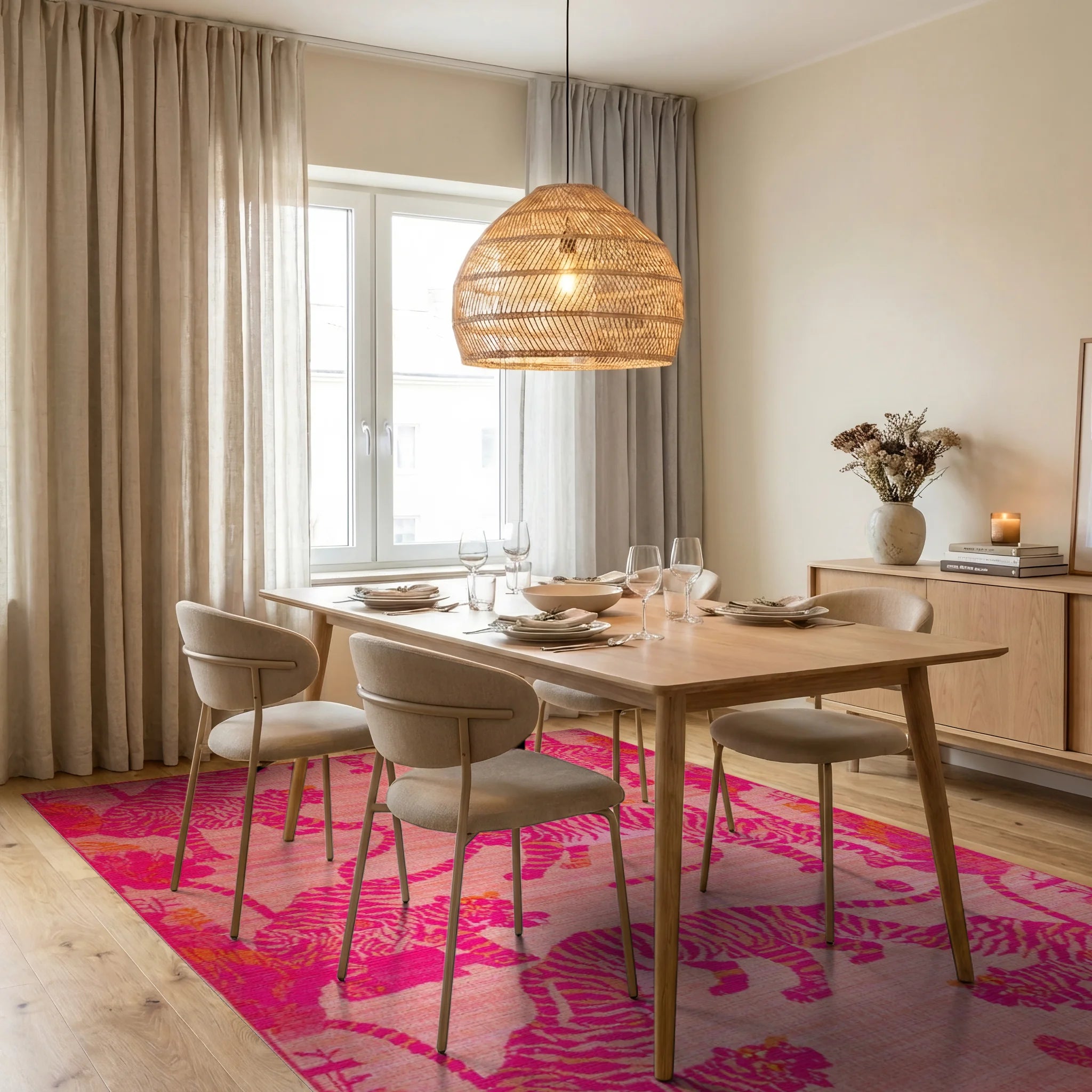 Vibrant Pink Tiger Jungle Scene Rug - Dining Room View