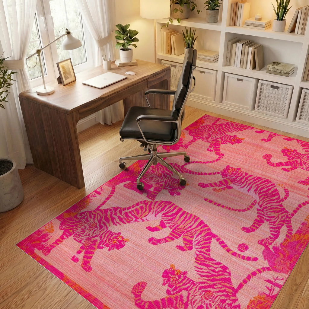 Vibrant Pink Tiger Jungle Scene Rug - Office View