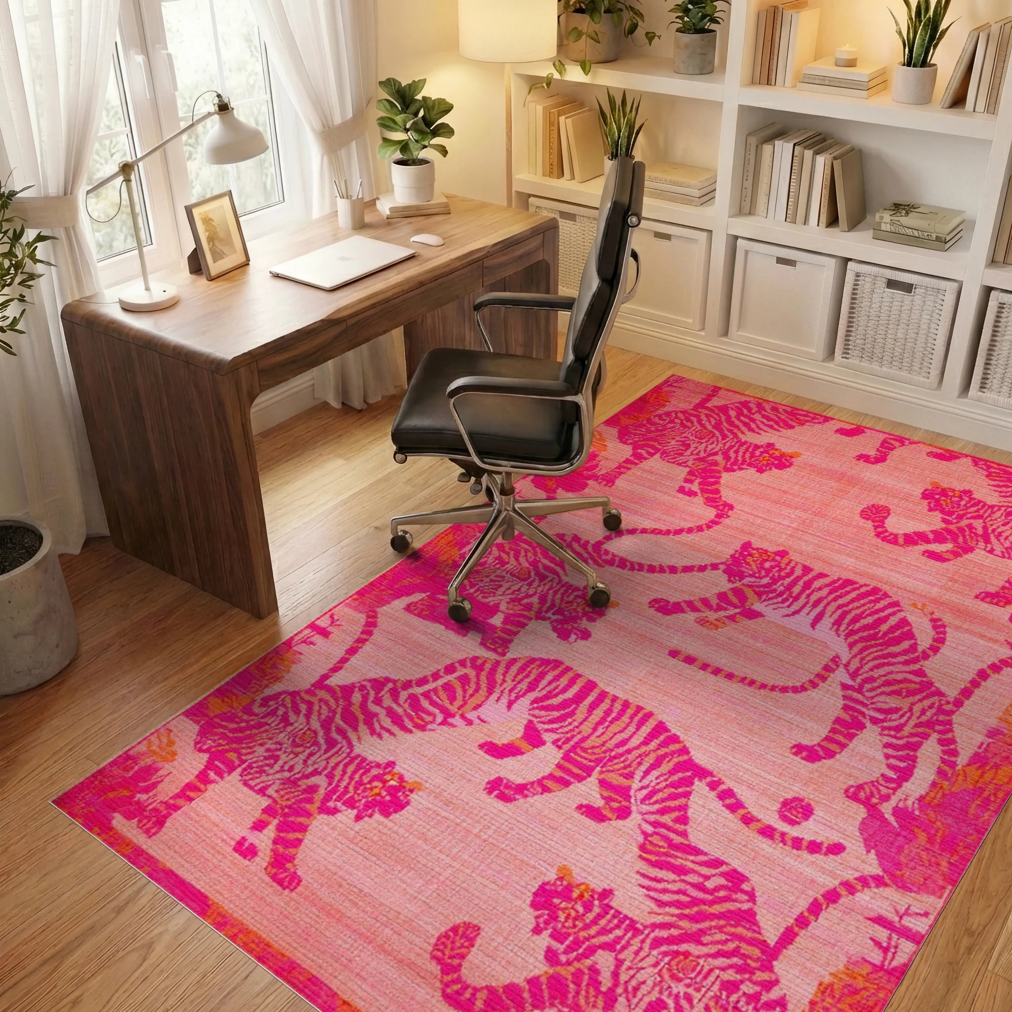 Vibrant Pink Tiger Jungle Scene Rug - Office View