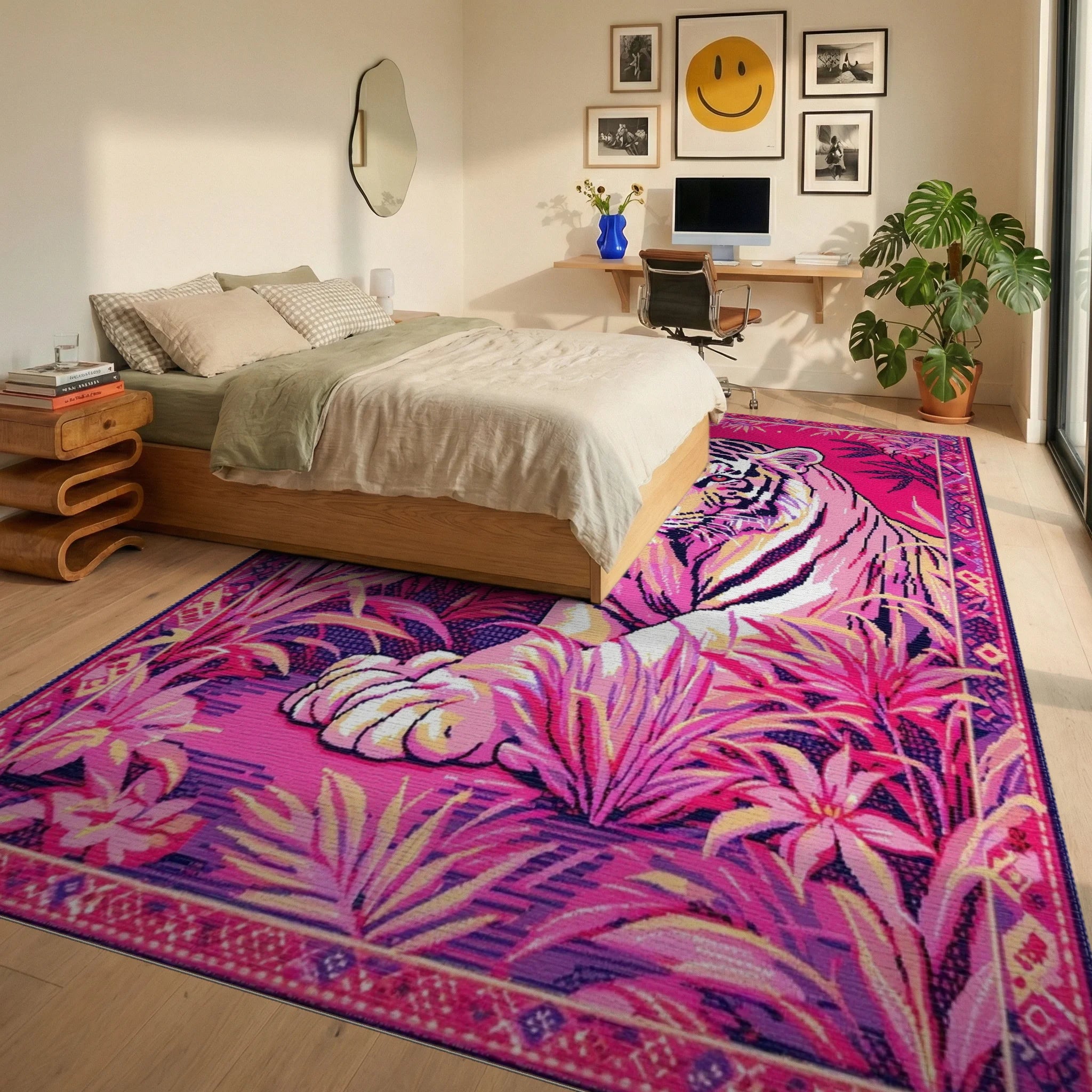 Vibrant Pink Tiger Jungle Scene Rug - Bedroom View