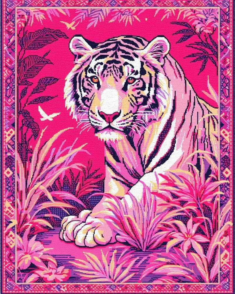 Vibrant Pink Tiger Jungle Scene Rug - Cutout View