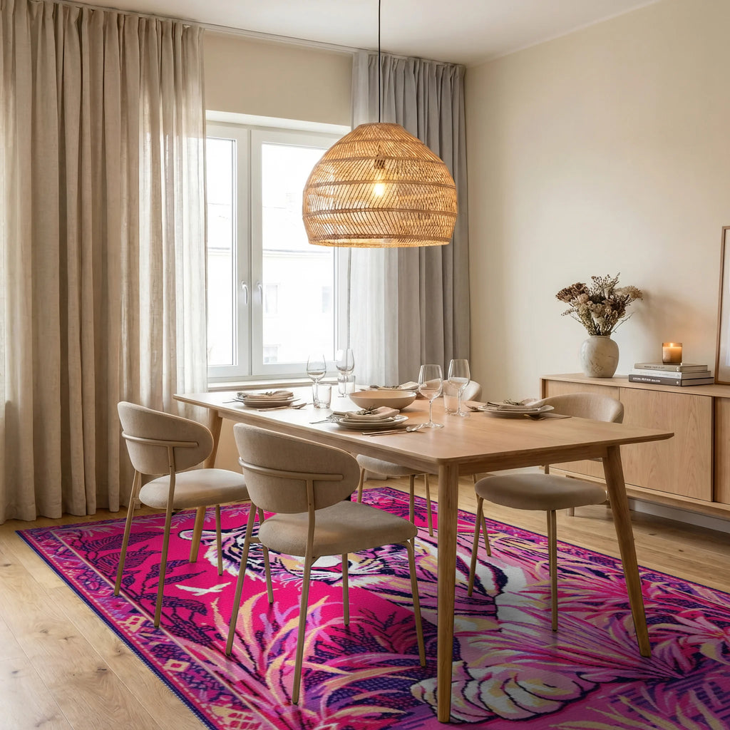Vibrant Pink Tiger Jungle Scene Rug - Dining Room View