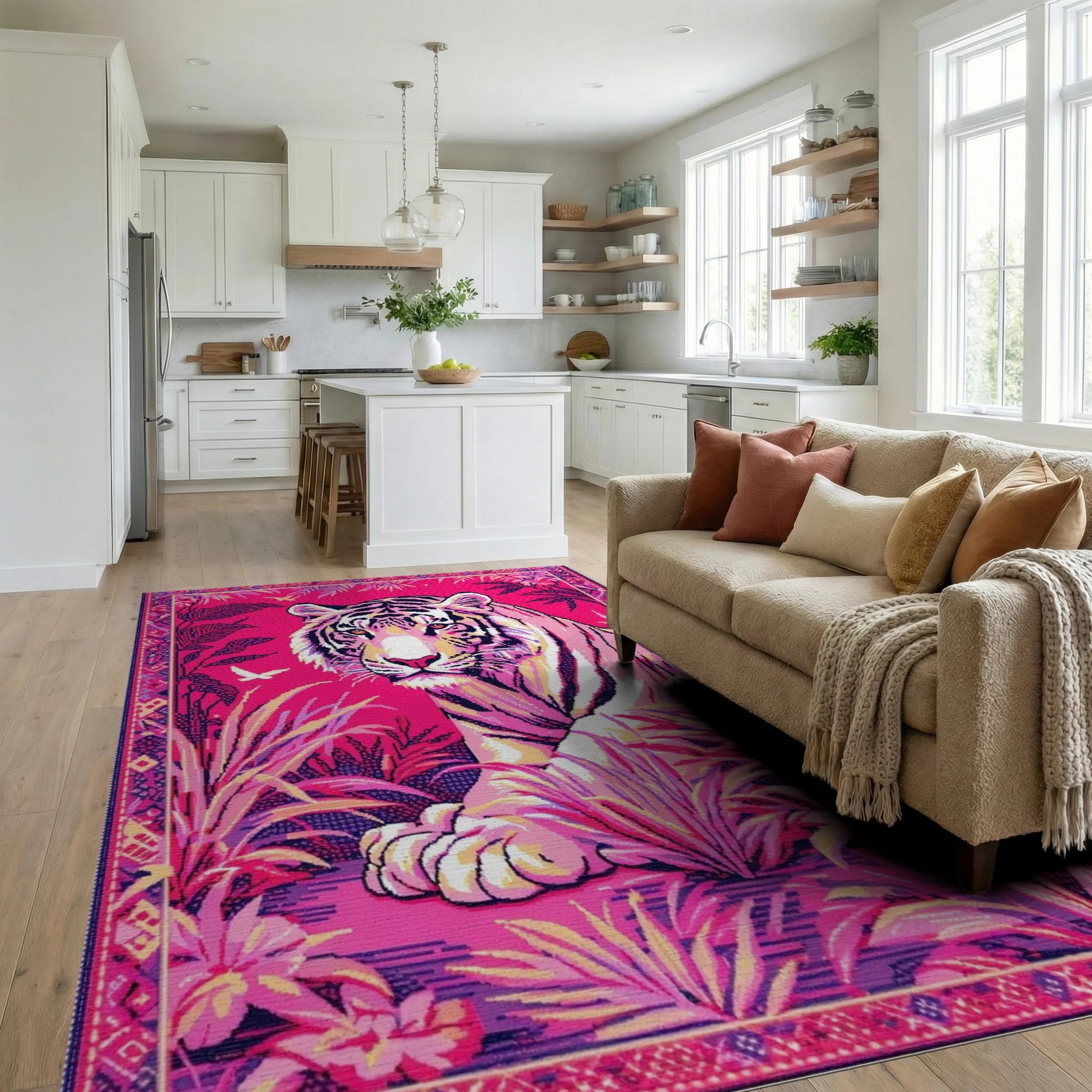 Vibrant Pink Tiger Jungle Scene Rug - Living Room View