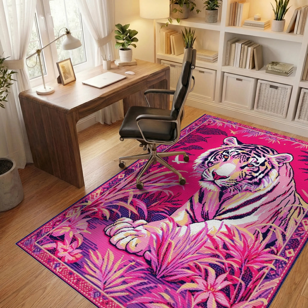 Vibrant Pink Tiger Jungle Scene Rug - Office View