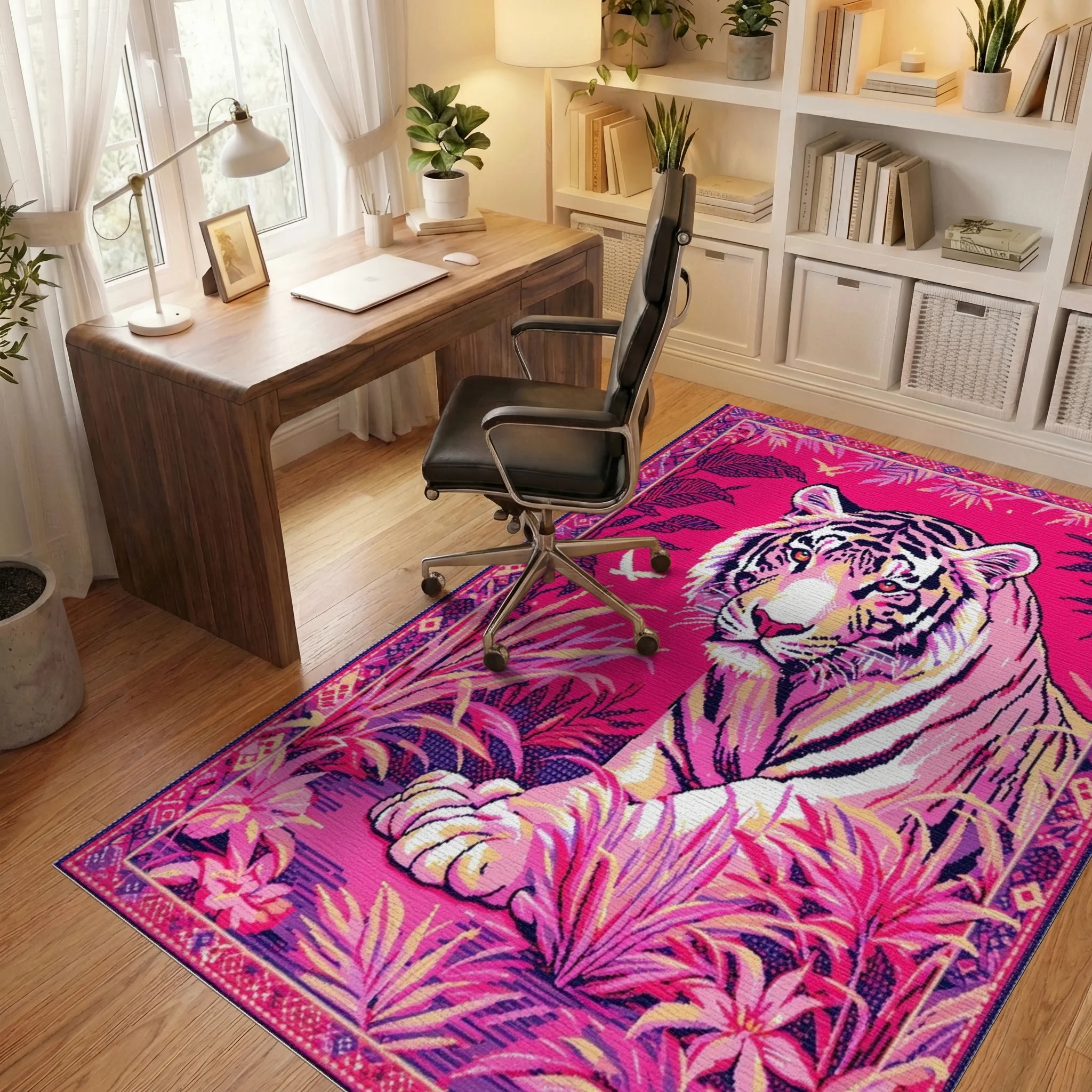 Vibrant Pink Tiger Jungle Scene Rug - Office View