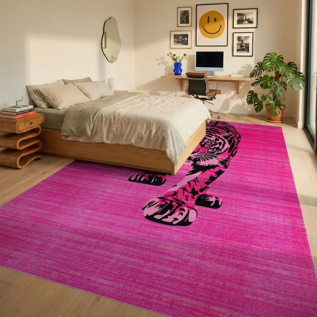 Vibrant Pink Tiger Striking Pose Rug - Bedroom View