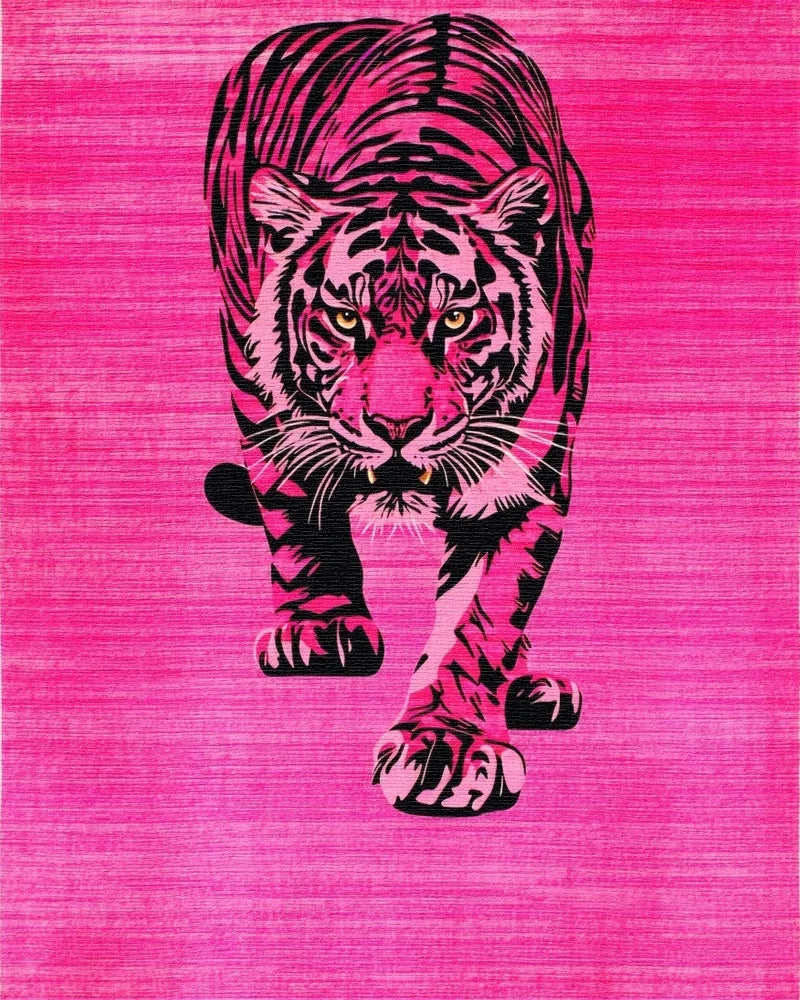 Vibrant Pink Tiger Striking Pose Rug - Cutout View