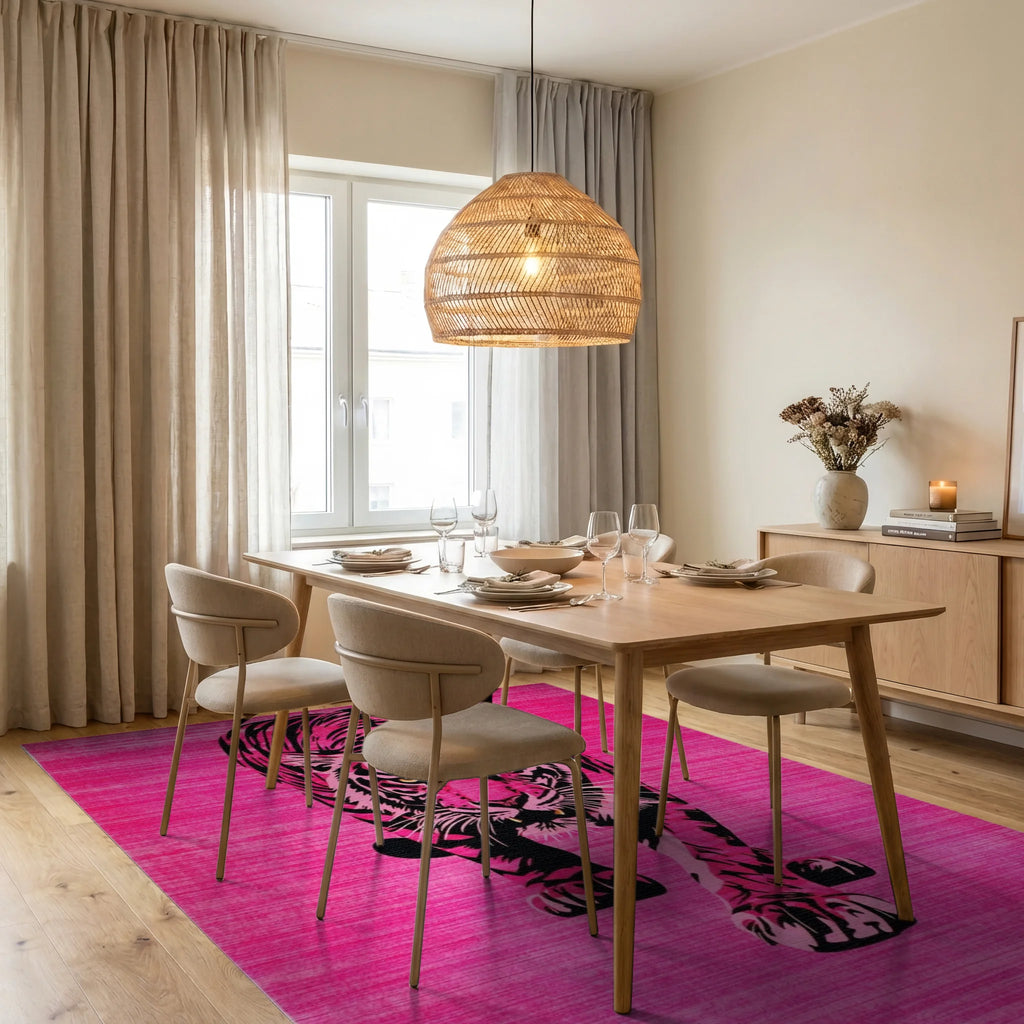 Vibrant Pink Tiger Striking Pose Rug - Dining Room View