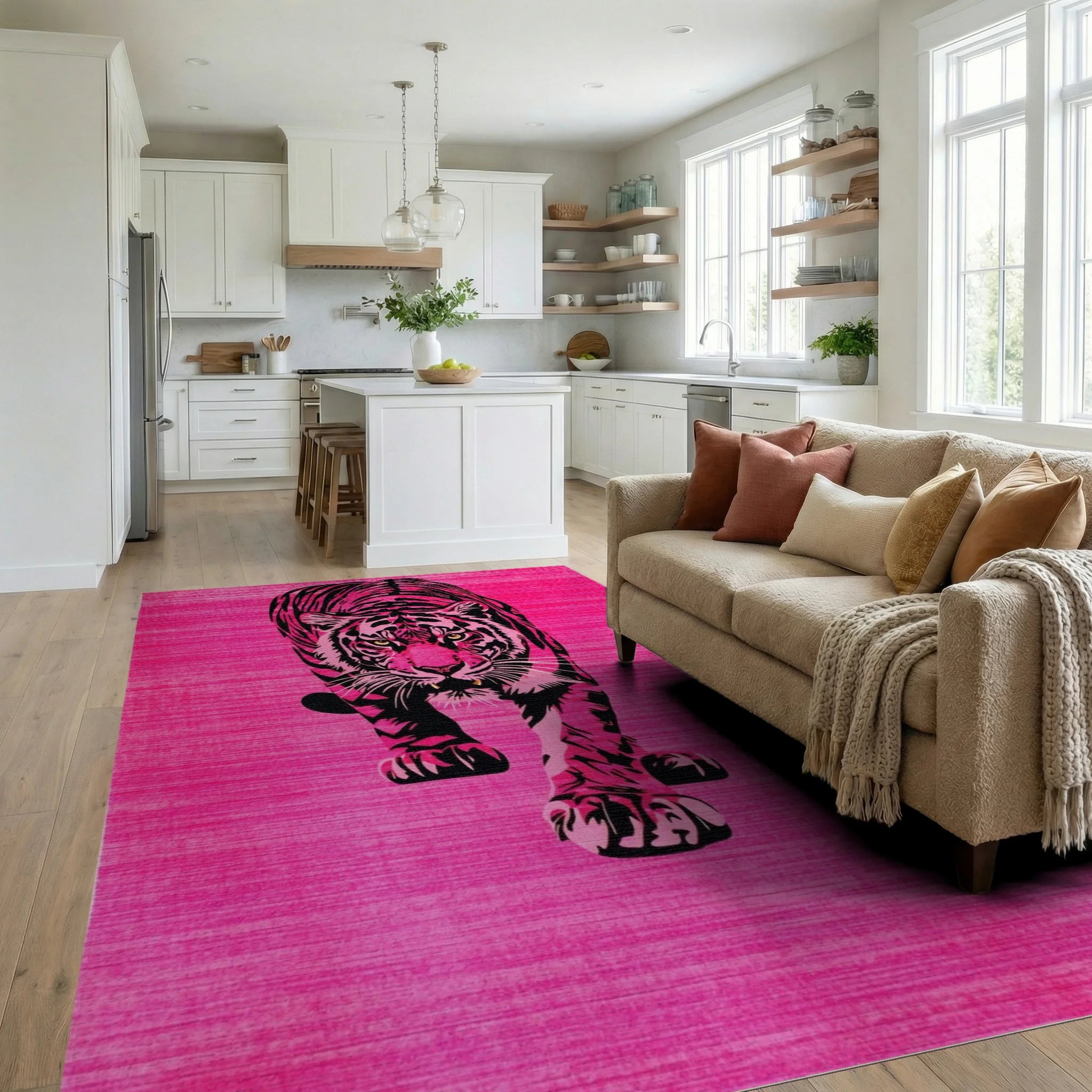 Vibrant Pink Tiger Striking Pose Rug - Living Room View