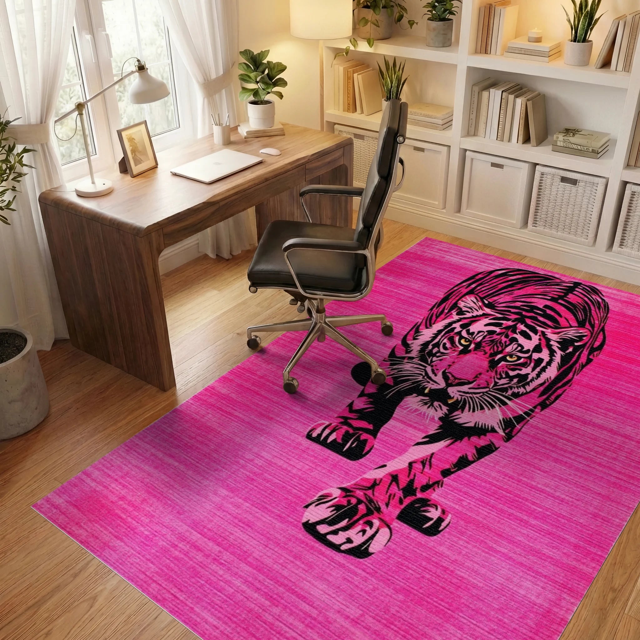Vibrant Pink Tiger Striking Pose Rug - Office View