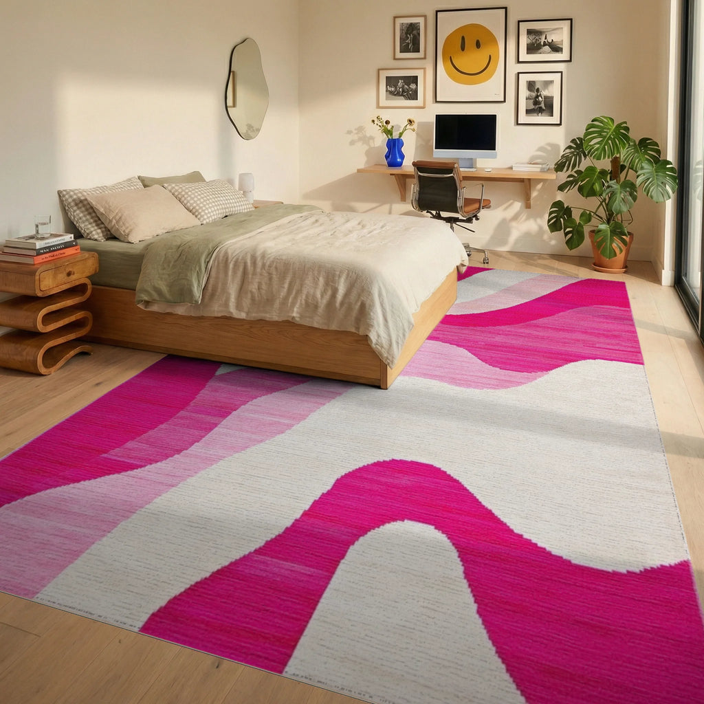 Vibrant Pink Wave Abstract Rug - Bedroom View