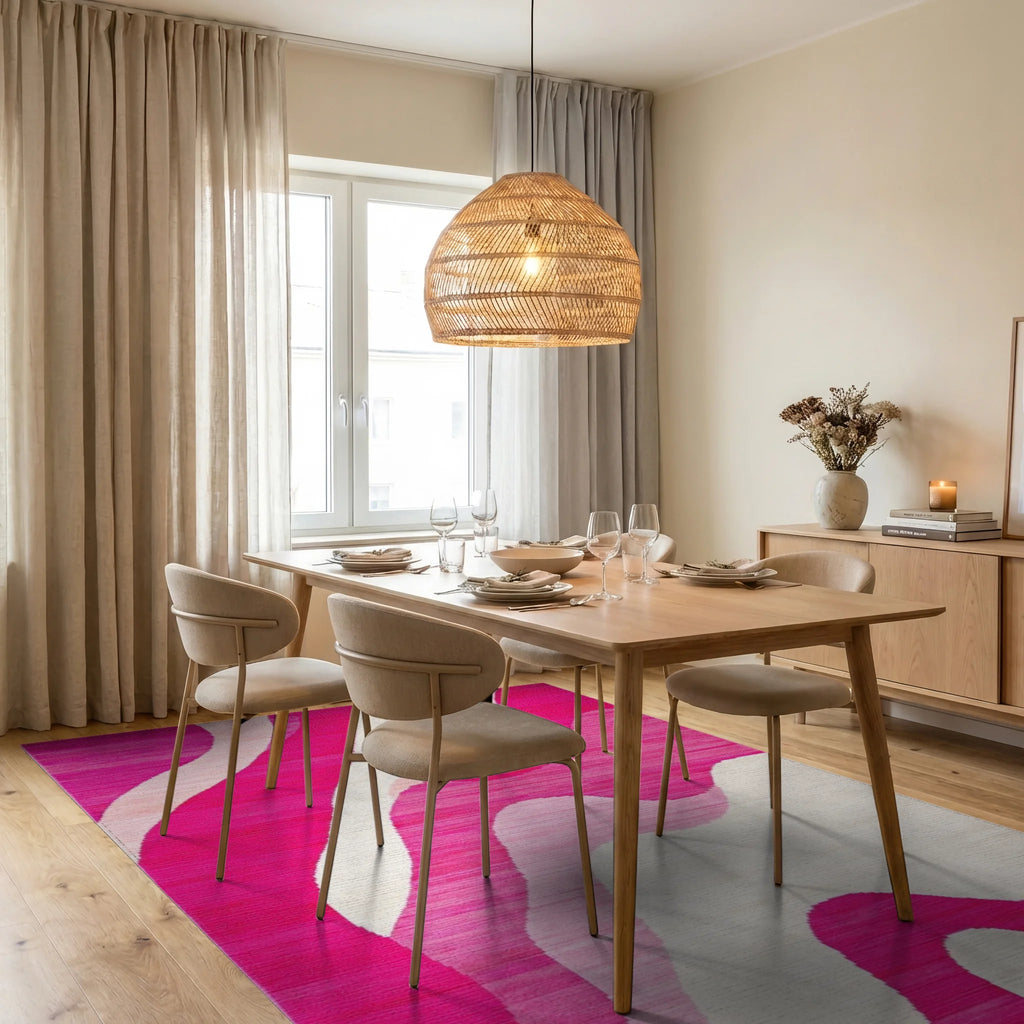 Vibrant Pink Wave Abstract Rug - Dining Room View