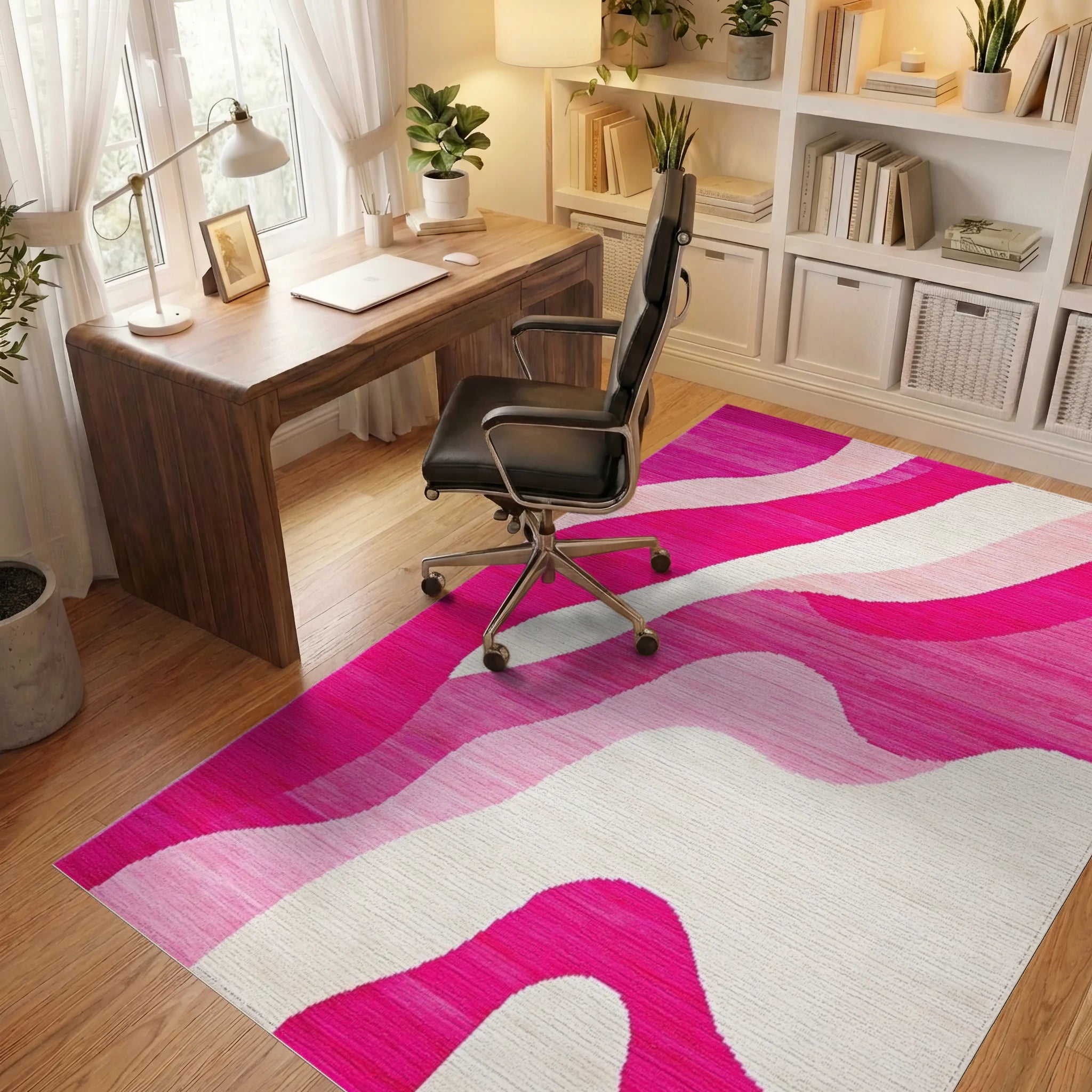 Vibrant Pink Wave Abstract Rug - Office View