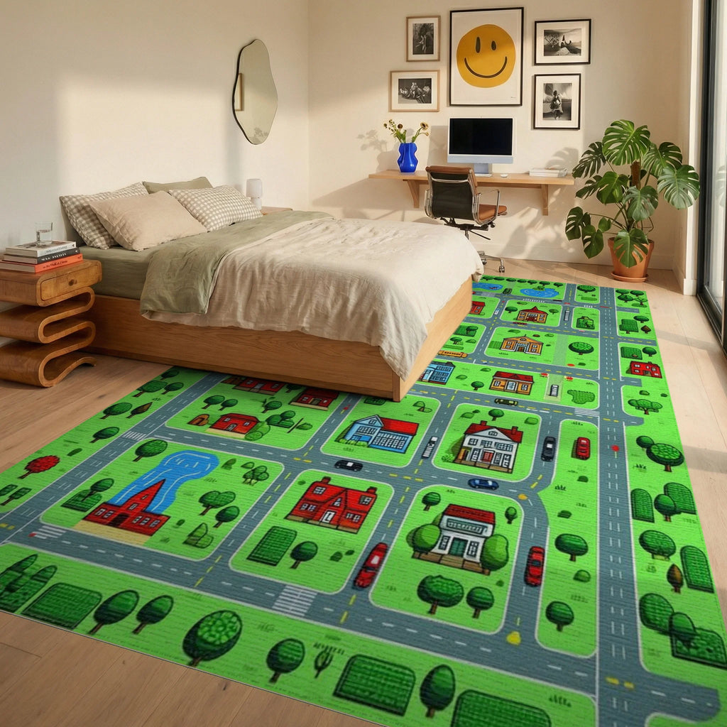 Vibrant Playful Town Map Rug - Bedroom View