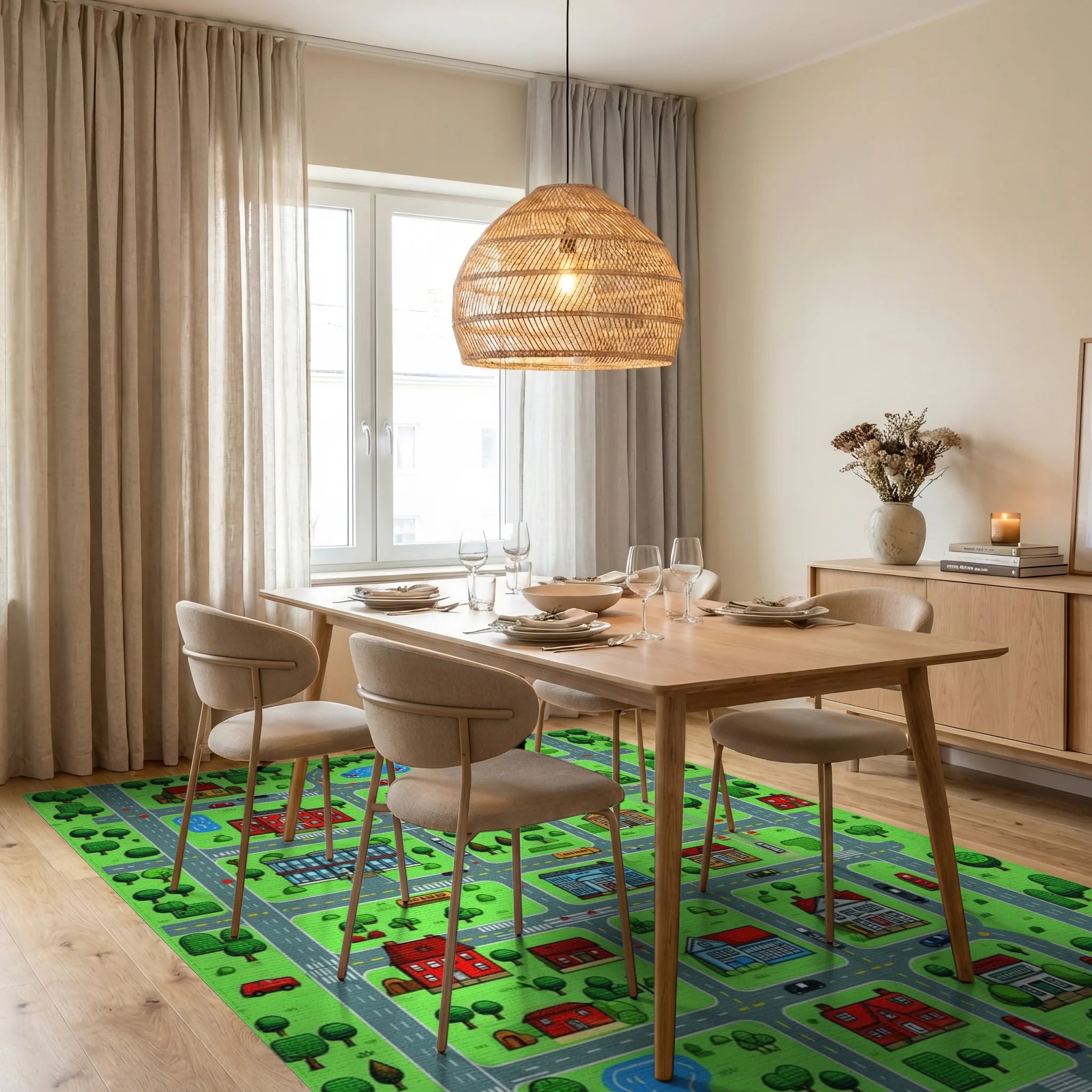 Vibrant Playful Town Map Rug - Dining Room View