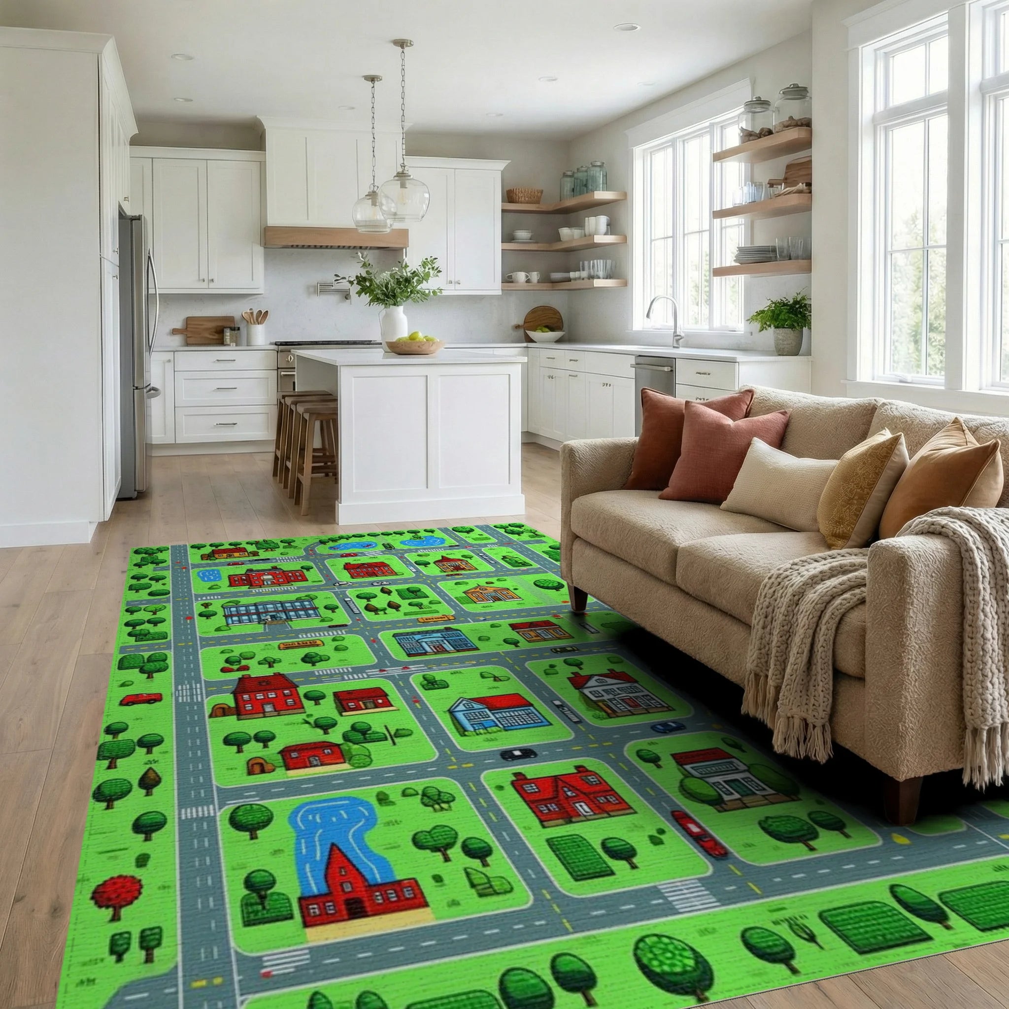 Vibrant Playful Town Map Rug - Living Room View