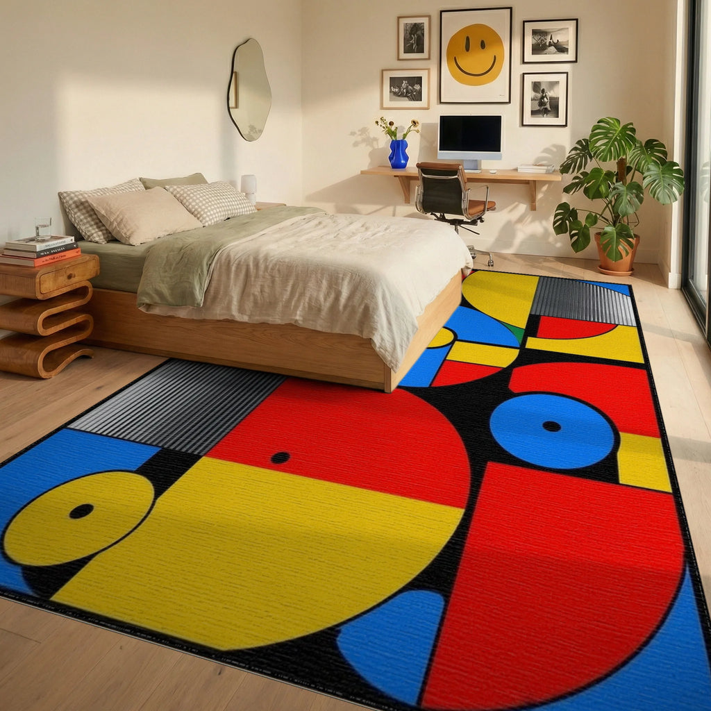 Vibrant Primary Geometric Circles Rug - Bedroom View