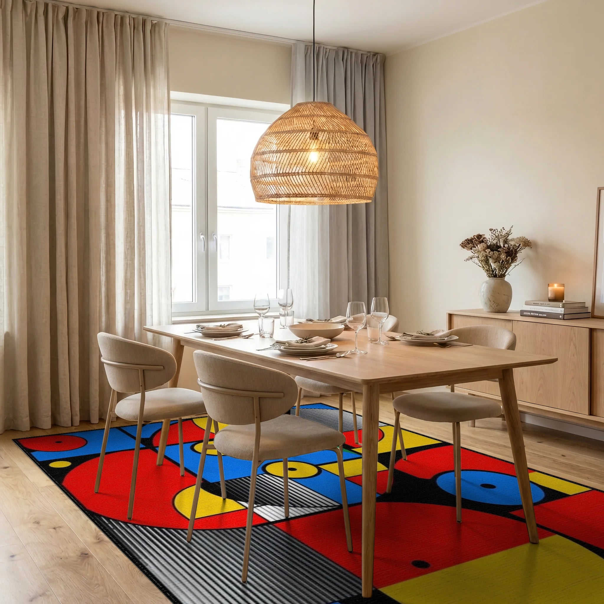Vibrant Primary Geometric Circles Rug - Dining Room View