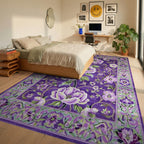 Vibrant Purple Floral Garden Rug - Bedroom View