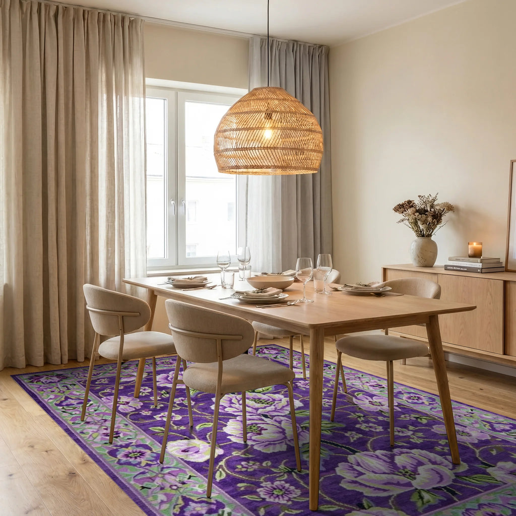 Vibrant Purple Floral Garden Rug - Dining Room View