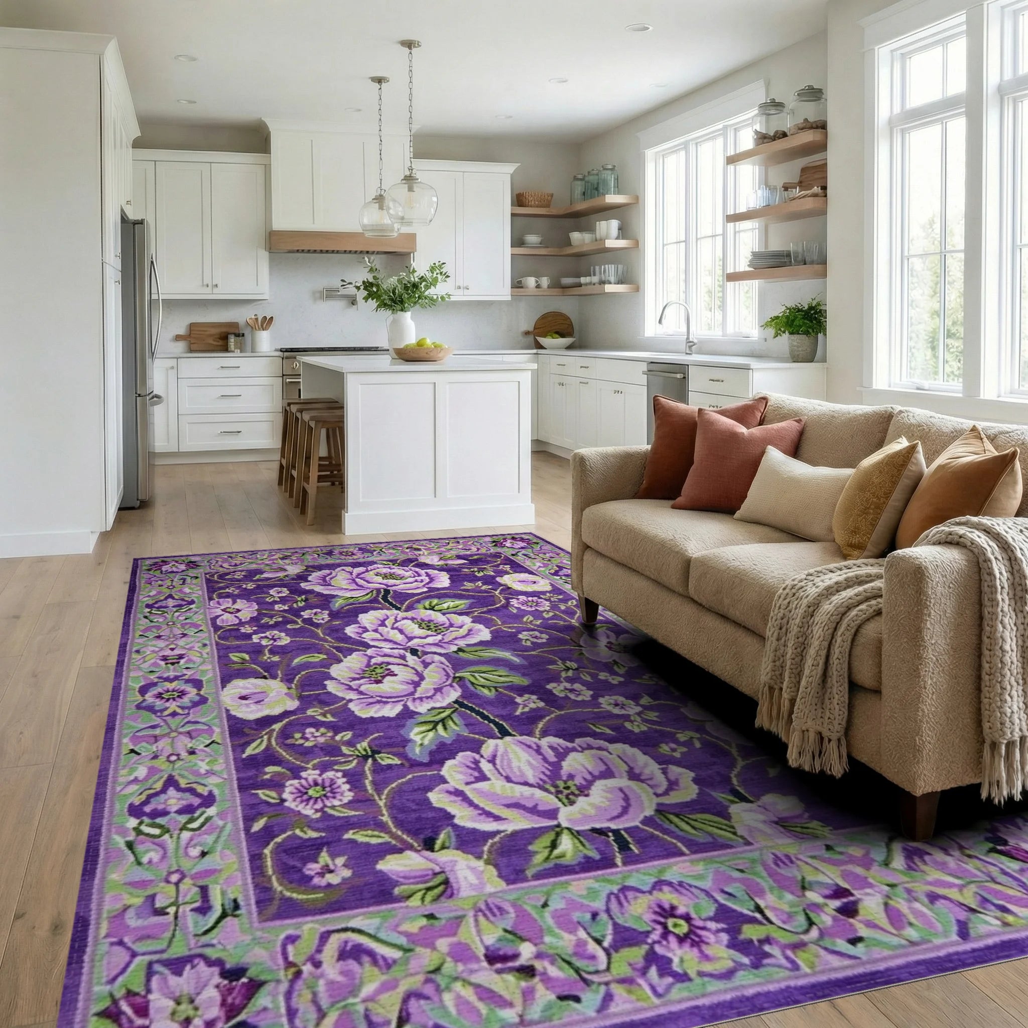 Vibrant Purple Floral Garden Rug - Living Room View