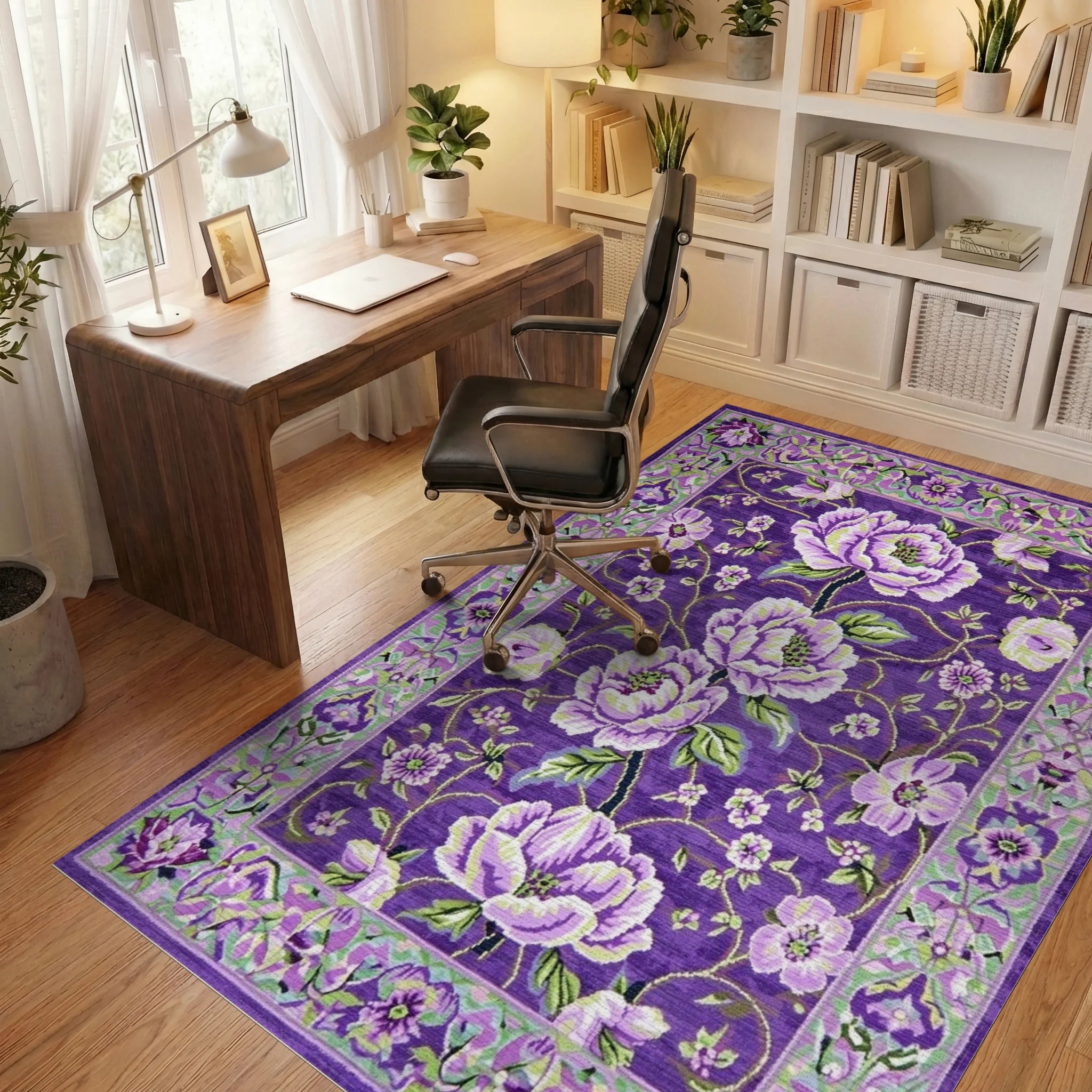 Vibrant Purple Floral Garden Rug - Office View