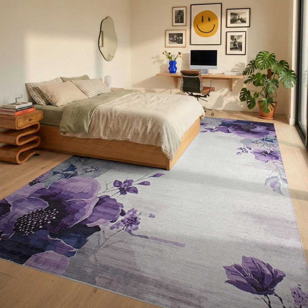 Vibrant Purple Floral Watercolor Swirl Rug - Bedroom View