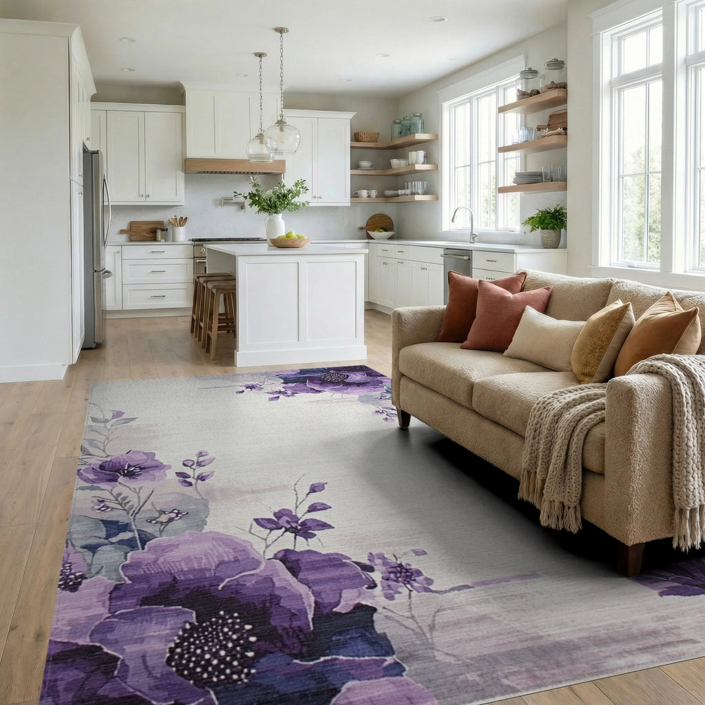 Vibrant Purple Floral Watercolor Swirl Rug - Living Room View