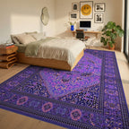Vibrant Purple Geometric Medallion Rug - Bedroom View