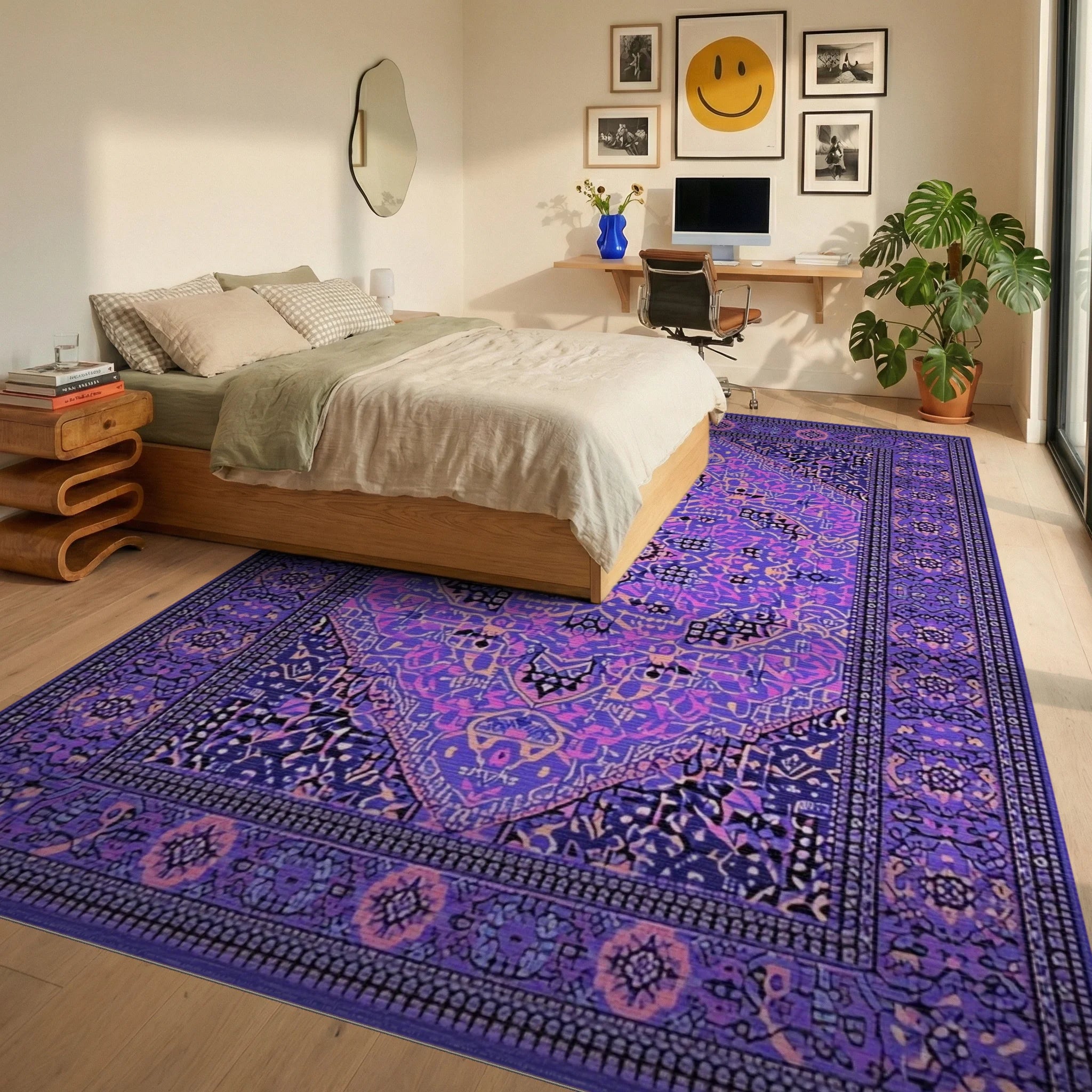 Vibrant Purple Geometric Medallion Rug - Bedroom View