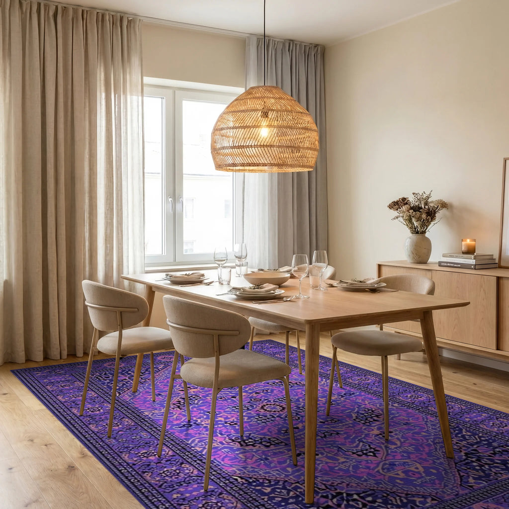 Vibrant Purple Geometric Medallion Rug - Dining Room View
